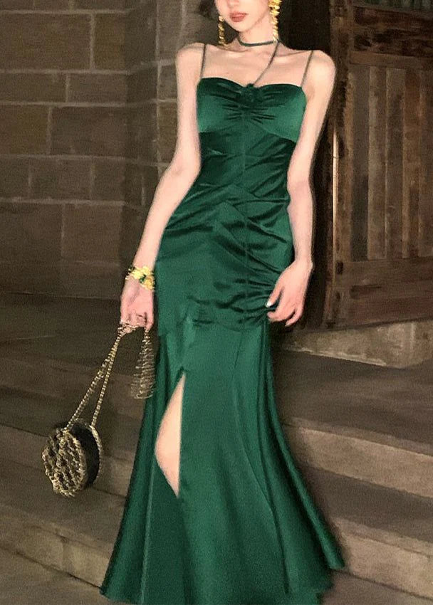 Luolandi Green Spaghetti Straps Mermaid Satin Long Party Dress Elegant Evening Dress
